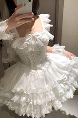 White [Flory Butterfly] Double-Layered Ruffle Bowknot Lace Lace-Up Sweet Ballet Lolita Jsk Dress - Product - 3
