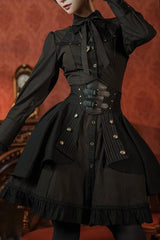 Black High Waisted Striped Print Button Leather Girdle Stitching Gothic Skirt - Black - 1