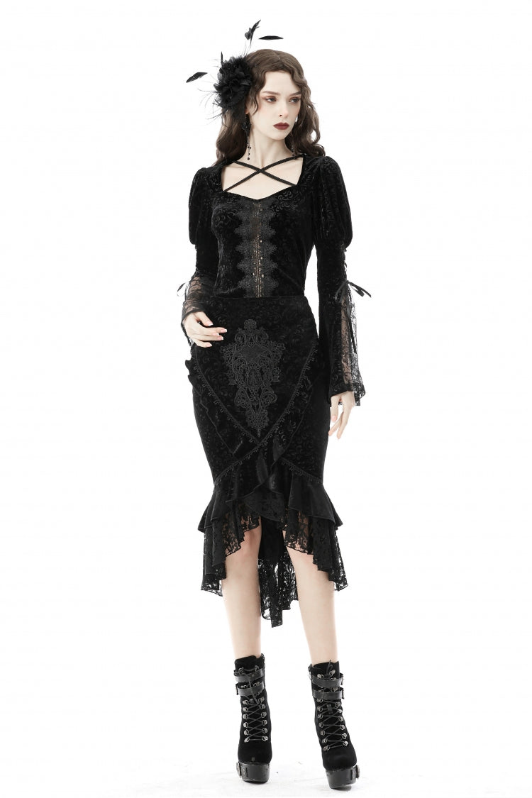 Black Jacquard Lace Lace-Up Women's Gothic Dovetail Wrap Skirt - Product - 6