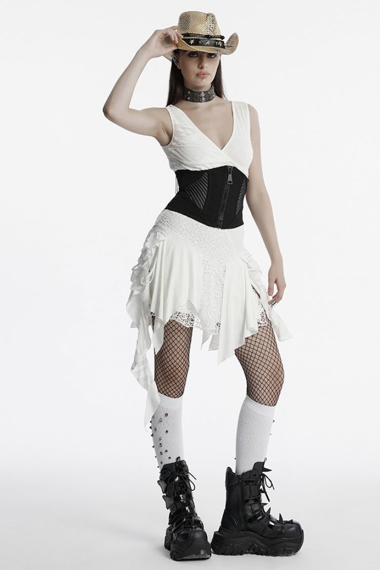 Black Stitching Mesh Zipper Women's Punk Underbust Corset - Product - 4