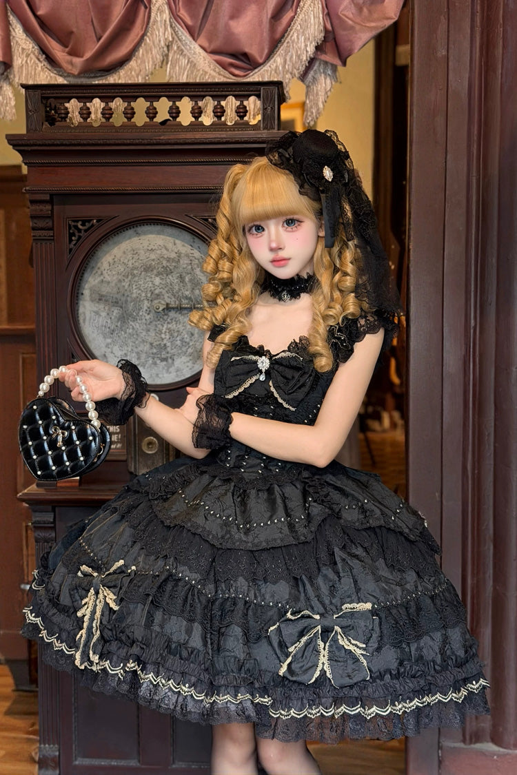 Black [Day and Night Duality] Square Collar Sleeveless Multi-Layered Jacquard Ruffled Bow Lace Gothic Lolita Jsk Dress - Product - 2