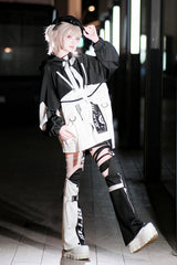 Black/White [Zero-Type Transformation] Techwear Long Sleeves Embroidered Hooded Punk Jirai Kei Shorts Coat Set - Product - 4