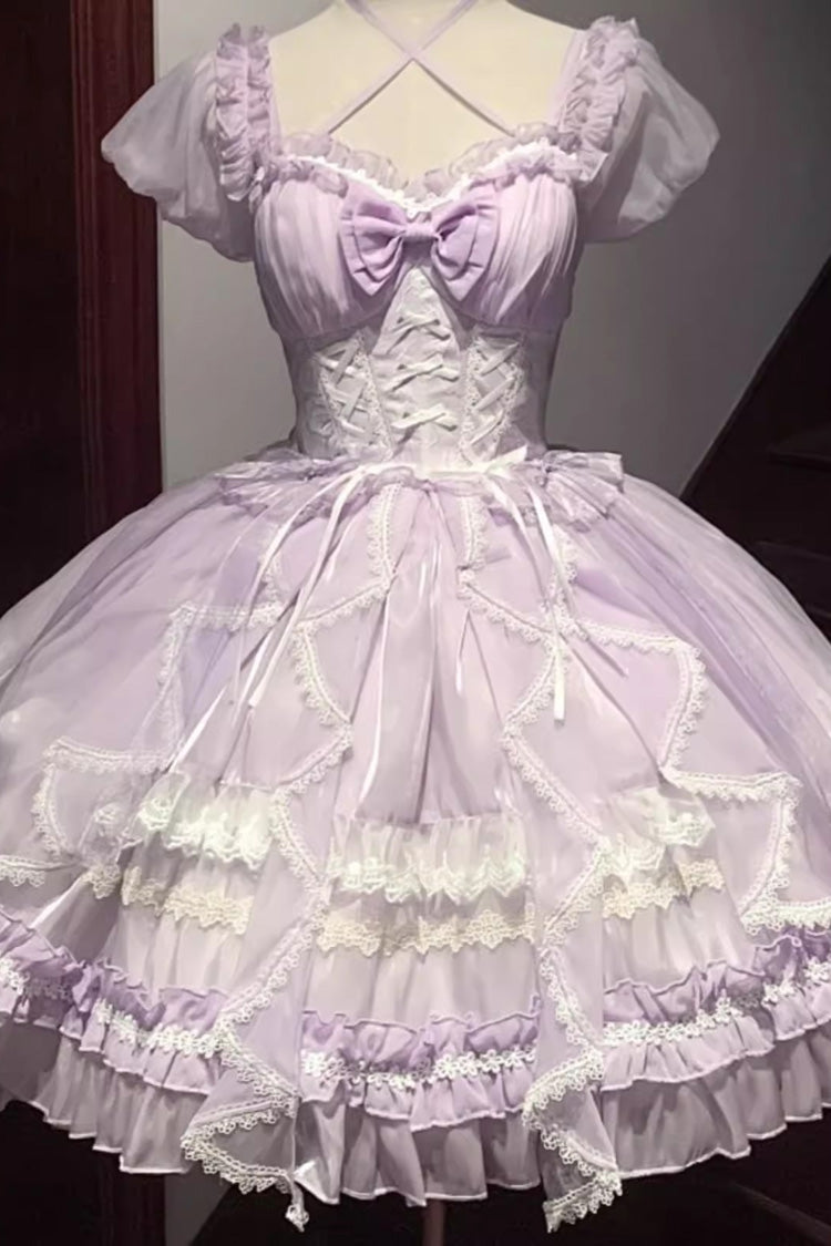 Glaze Fantasy Short Sleeves Ruffle Embroidery Bowknot Sweet Lolita Op Dress 6 Colors - Purple