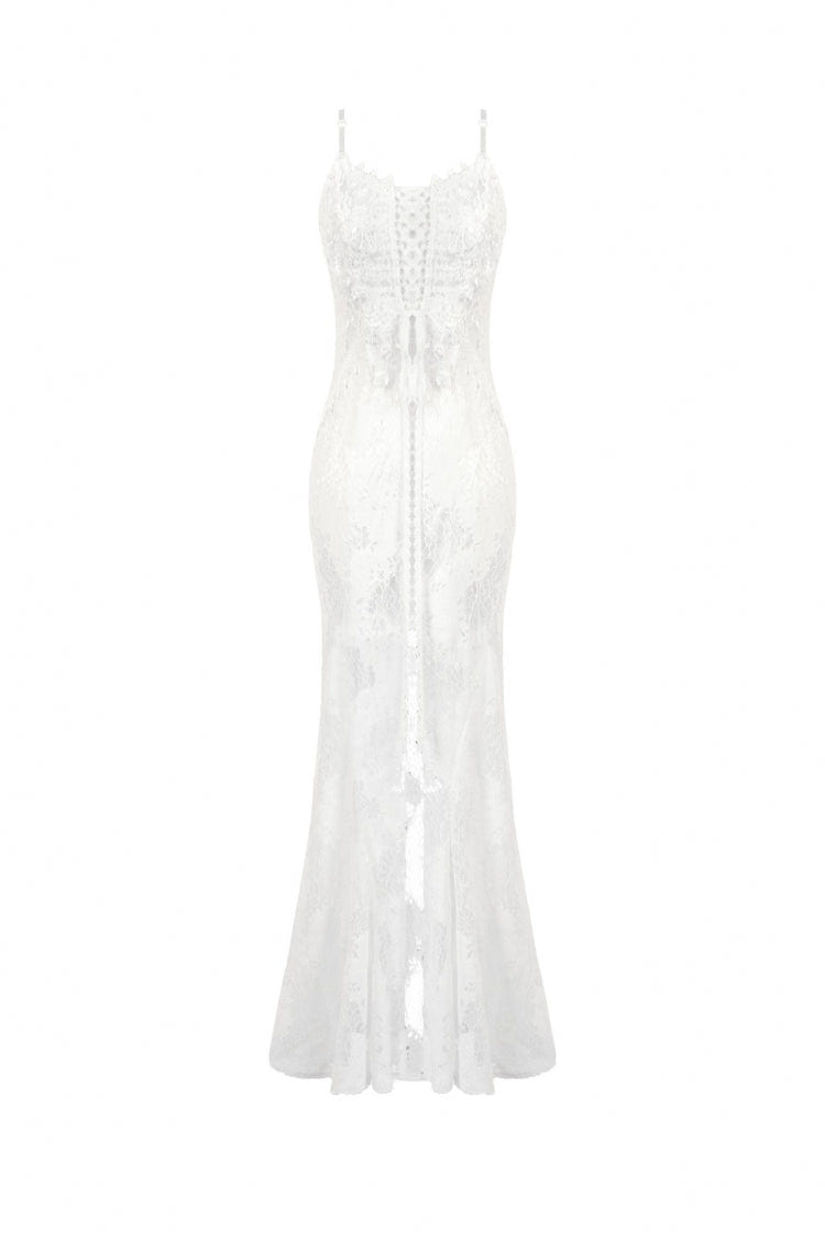 White Sleeveless Lace Lace-Up Women's Gothic Slip Dress Mermaid Wedding Dress - Product - 3