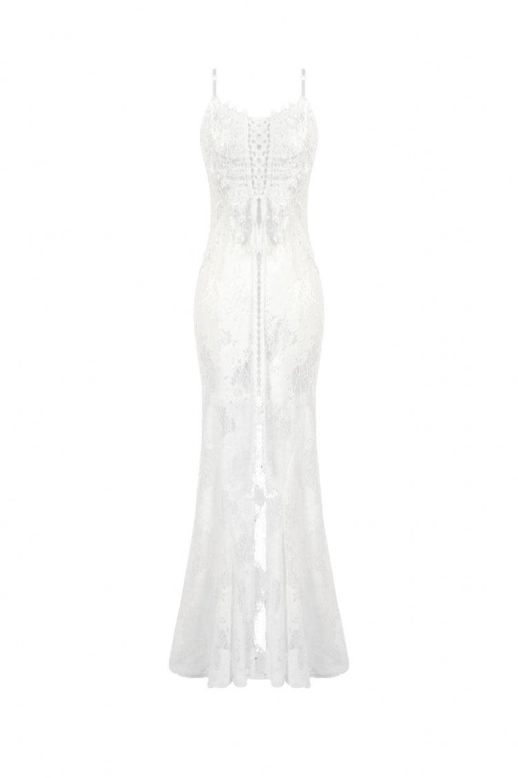 White Sleeveless Lace Lace-Up Women's Gothic Slip Dress Mermaid Wedding Dress - Product - 3