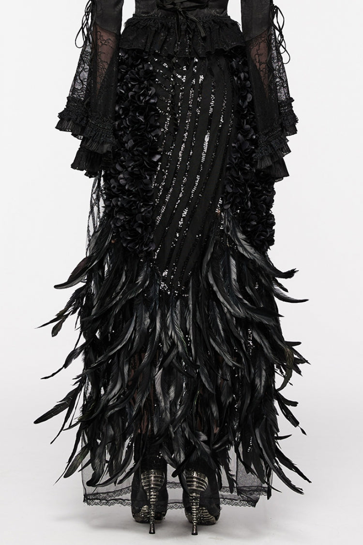 Black Women's Sequin Feather Gothic Skirt - Product - 3