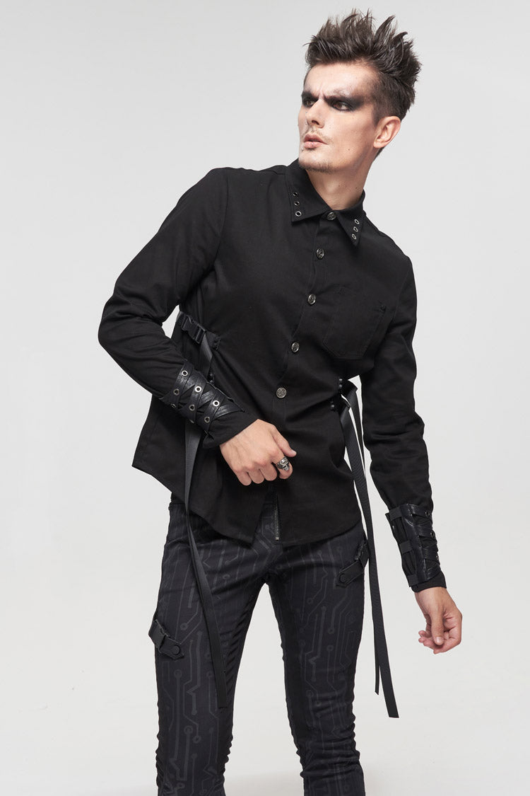 Black Nylon Strap Metal Buckle Decoration Long Sleeve Elasticity Men's Punk Shirt - Product - 2