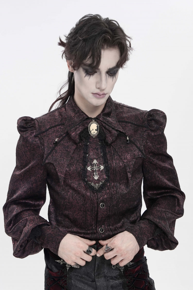 Red Lapel Collar Long Lantern Sleeves Jacquard Bow Men's Gothic Shirt - Product - 4