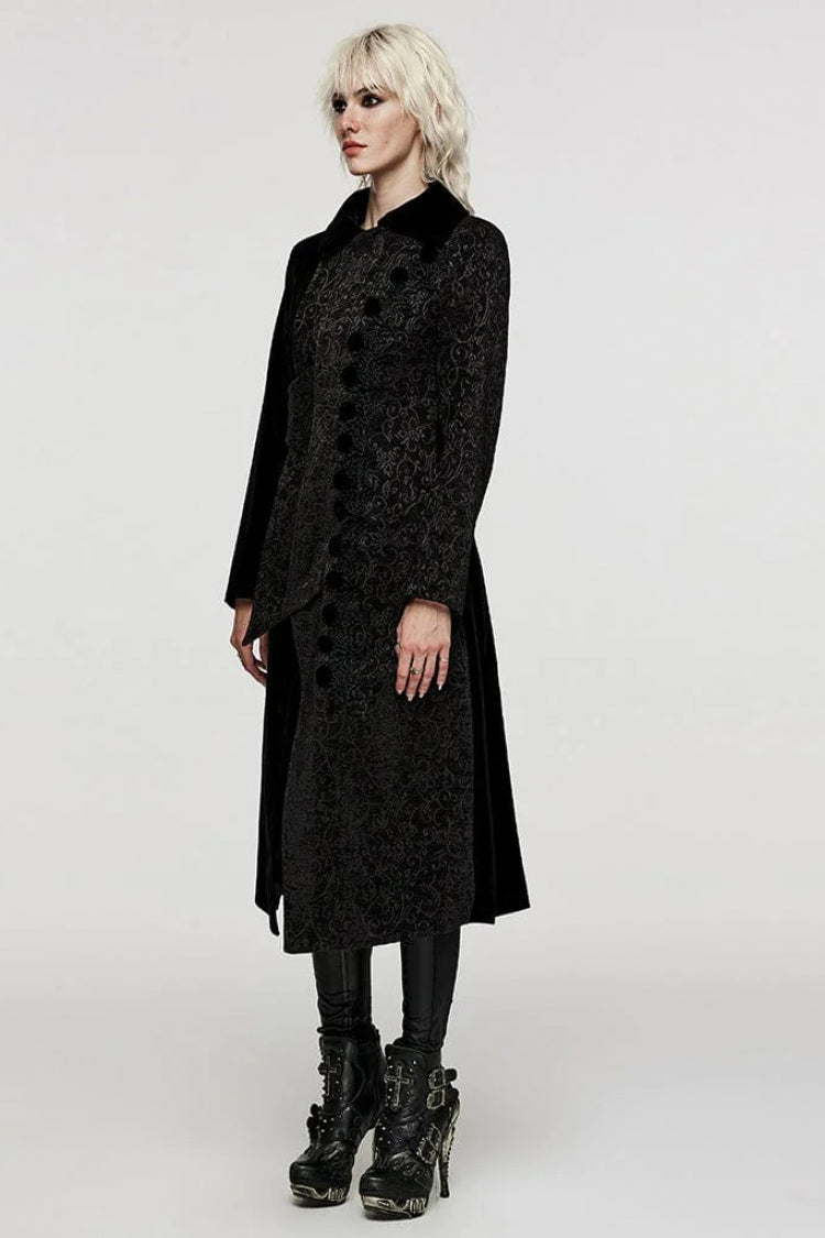Black Stand Collar Jacquard Print Stitching Womens Gothic Coat - Product - 3