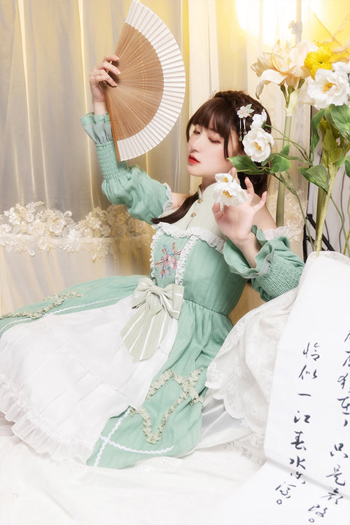 Green Off The Shoulder Long Sleeves Cardigan Hand Embroidered Sweet Lolita OP Dress - Product - 3