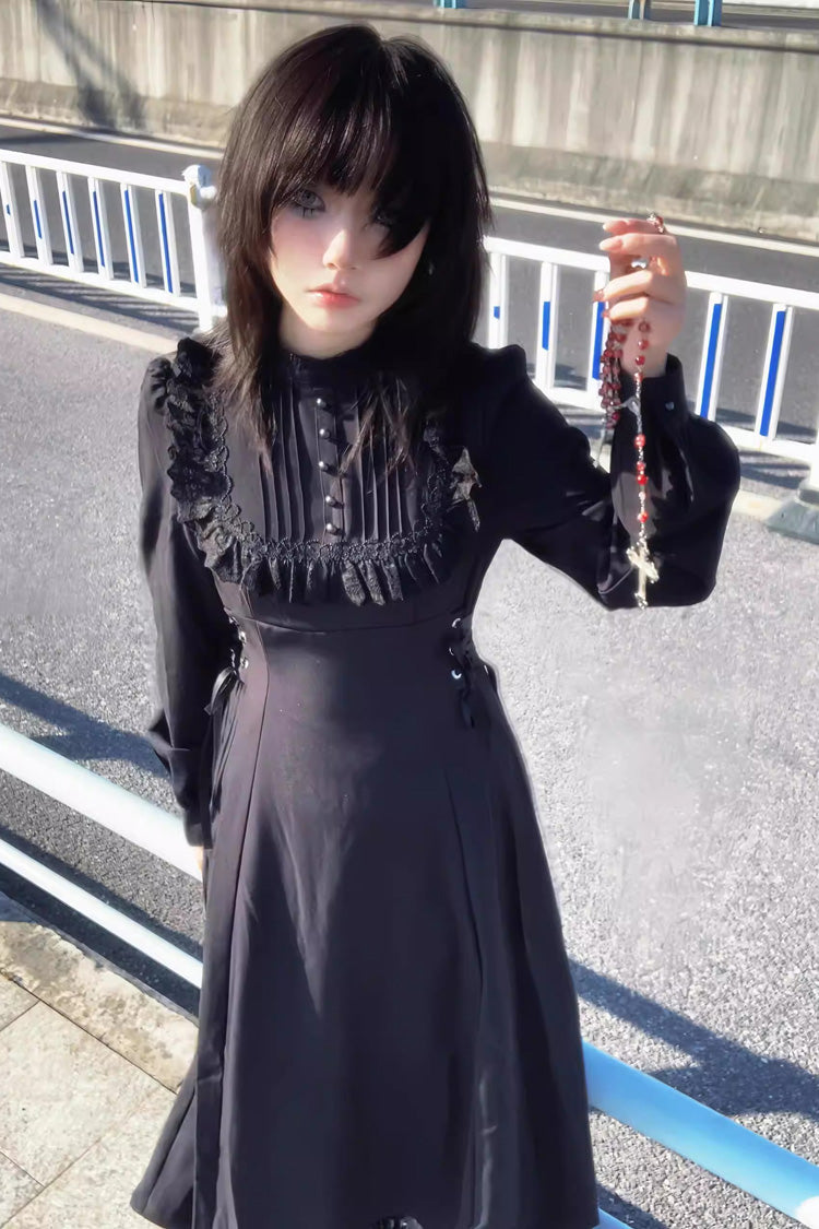Black Stand Collar Long Sleeves Ruffled Lace-Up Gothic Lolita Dress - Product - 2