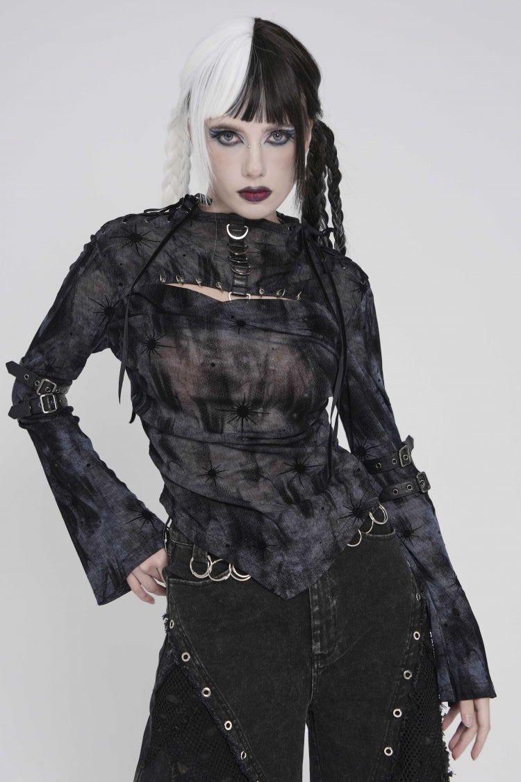 Black Stand Collar Long Sleeves Printed Spliced Lace-Up Asymmetric Buckled Women's Punk Blouse - Product - 1