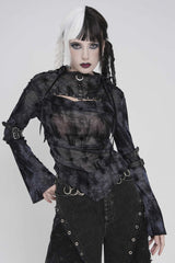 Black Stand Collar Long Sleeves Printed Spliced Lace-Up Asymmetric Buckled Women's Punk Blouse - Product - 1