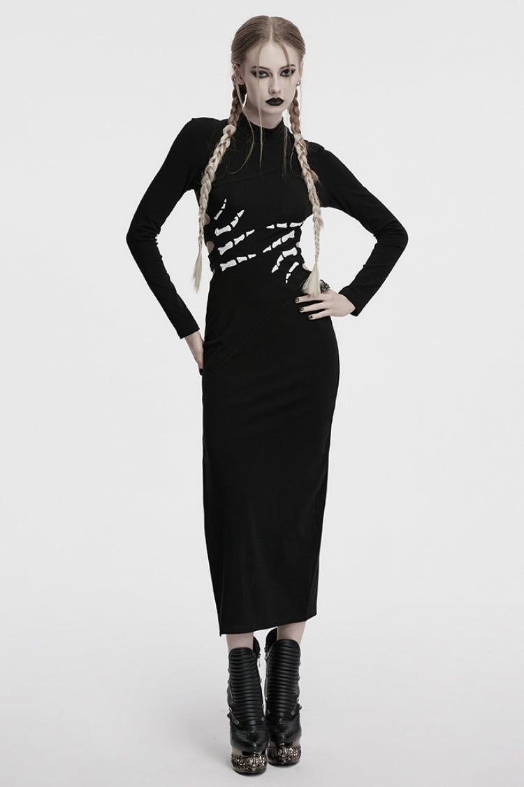 Black Long Sleeves Skeleton Print Cutout Hollow Women's Gothic Dress - Product - 4