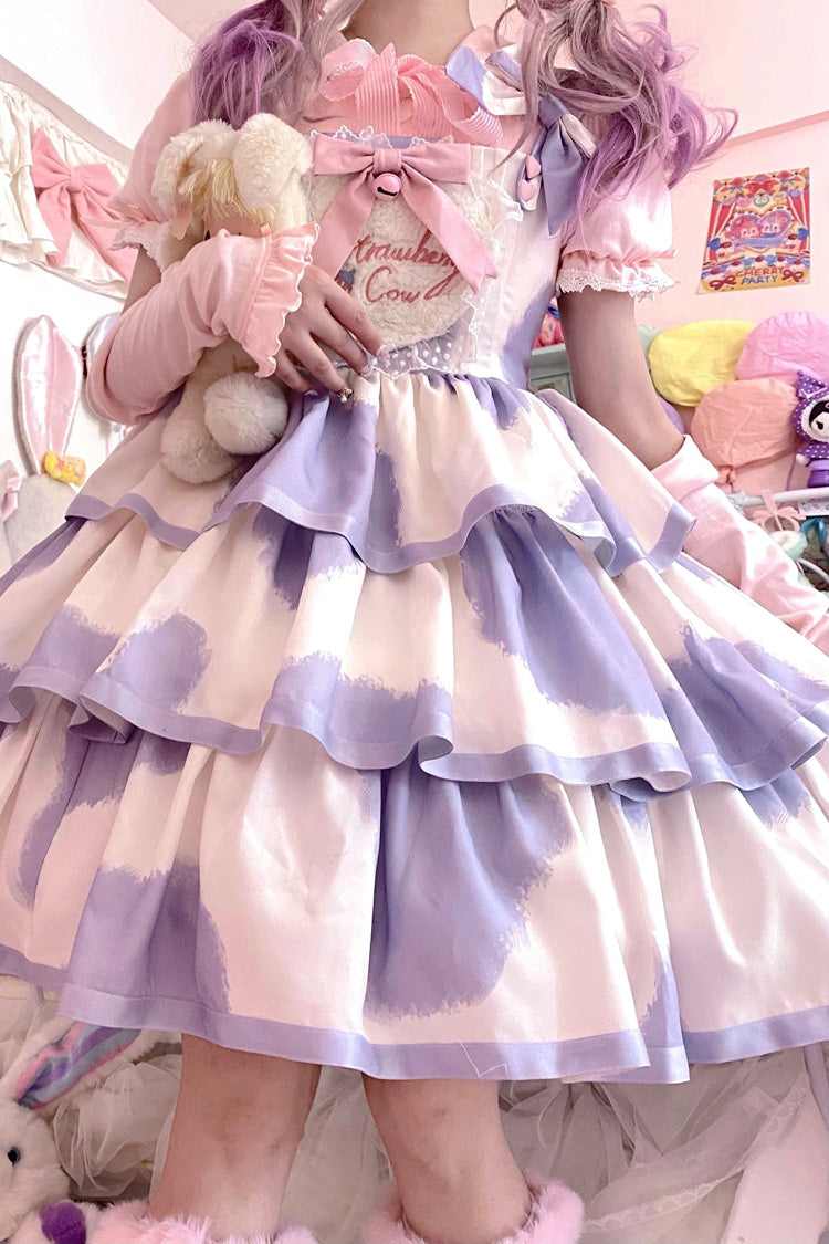 Blue Sleeveless Triple-Layered Cow Print Ruffle Bowknot Sweet Lolita Jsk Dress - Product - 8
