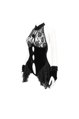 Black Sexy Crotchless Stretch Velvet Paneled Lace Pompoms Women's Punk Bodysuit - Product - 7