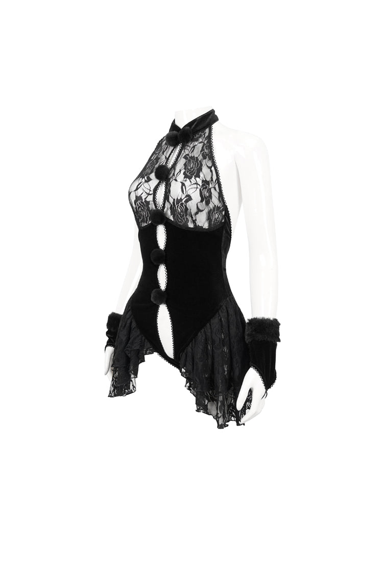 Black Sexy Crotchless Stretch Velvet Paneled Lace Pompoms Women's Punk Bodysuit - Product - 7