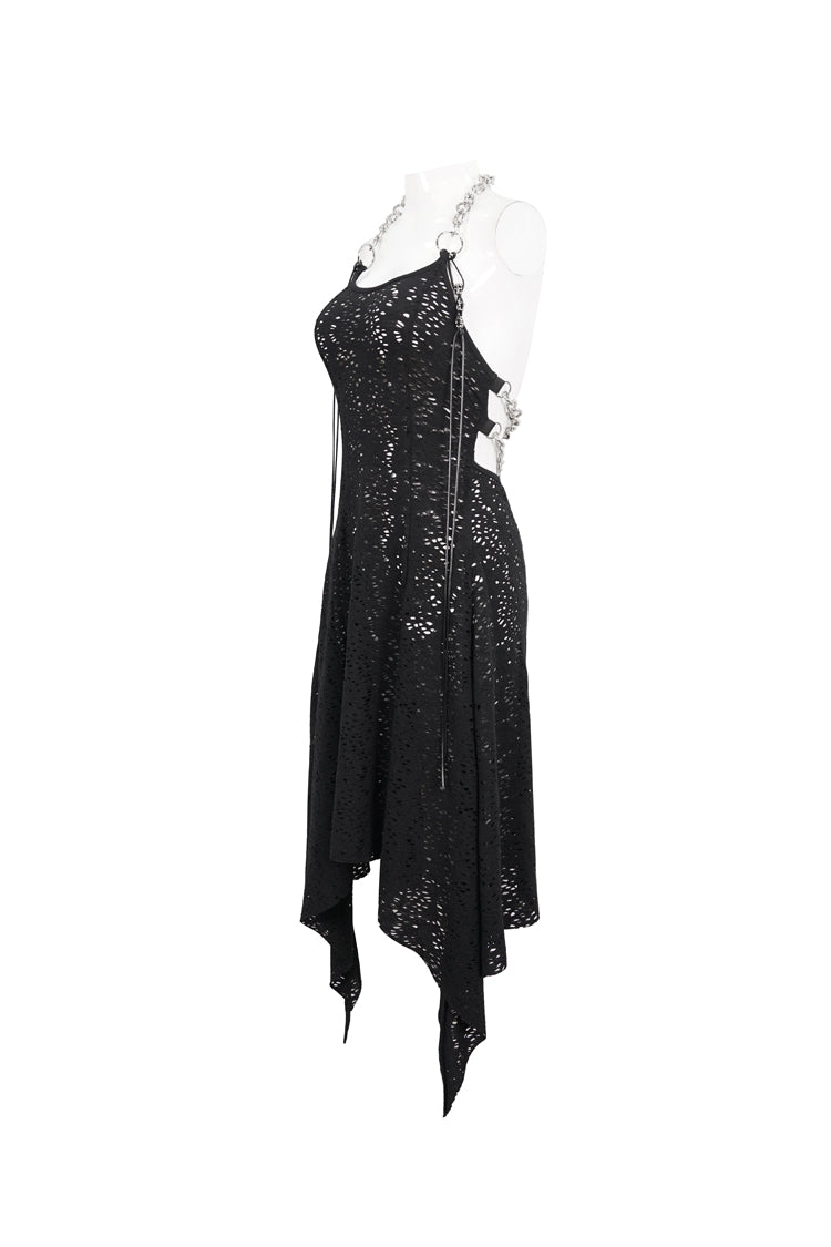 Black Irregular Pattern Wool Metal Chain Halter Neck Backless Women's Punk Dress - Product - 7