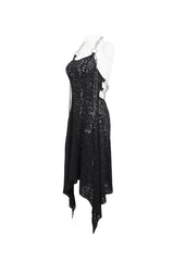 Black Irregular Pattern Wool Metal Chain Halter Neck Backless Women's Punk Dress - Product - 7