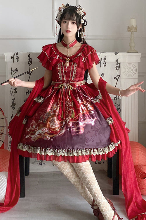 Round Collar Ruffled Short Sleeves Elegant Print High Waist Classic Lolita Dress - Product - 2