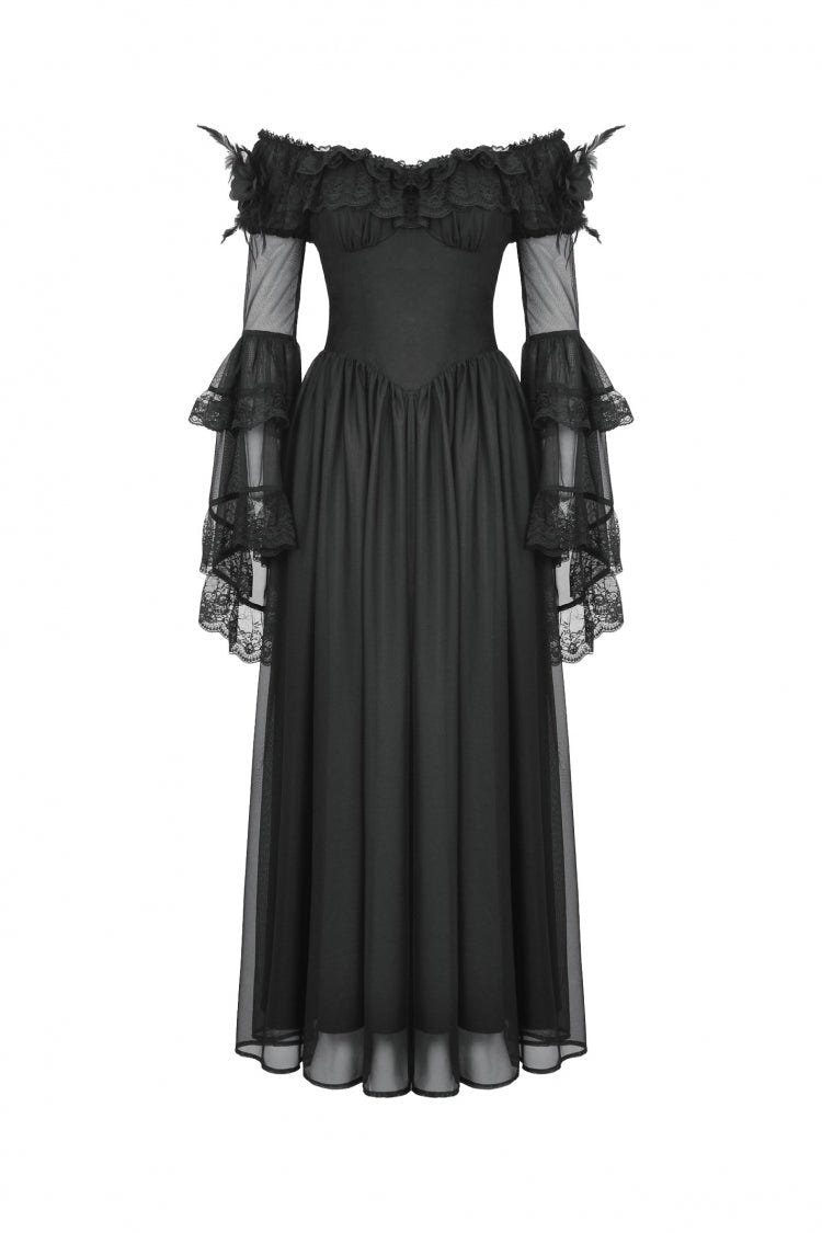Black Off Shoulder Boat Neck Multi-Layered Long Trumpet Sleeves Lace Spliced Tulle Lace-Up Women's Gothic Fantasy Dress - Product - 3