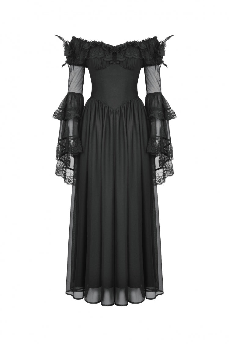 Black Off Shoulder Boat Neck Multi-Layered Long Trumpet Sleeves Lace Spliced Tulle Lace-Up Women's Gothic Fantasy Dress - Product - 3