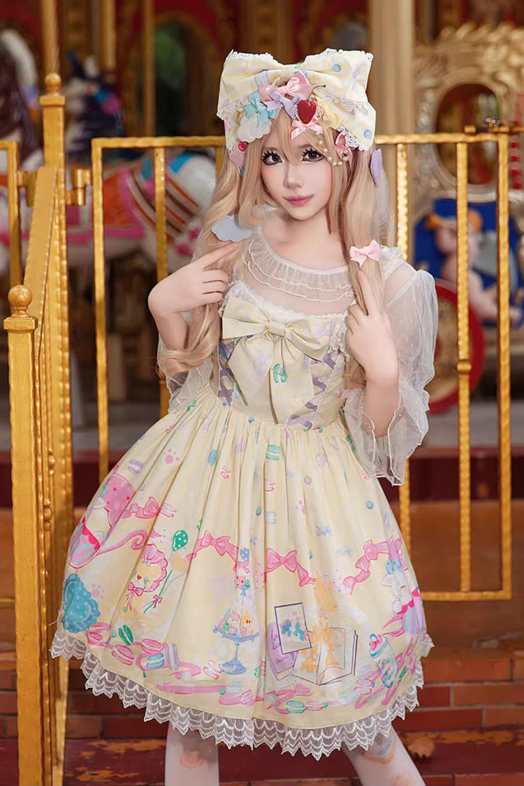 [Macaron Dolly House] Sleeveless Print Bowknot Lace-Up Sweet Lolita Jsk Dress 3 Colors - Yellow - 1