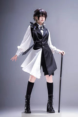 Black/White [Black Tea Concerto] Bow Asymmetric Ouji Fashion Gothic Prince Lolita Vest Top Shorts Set - Black/White - 1