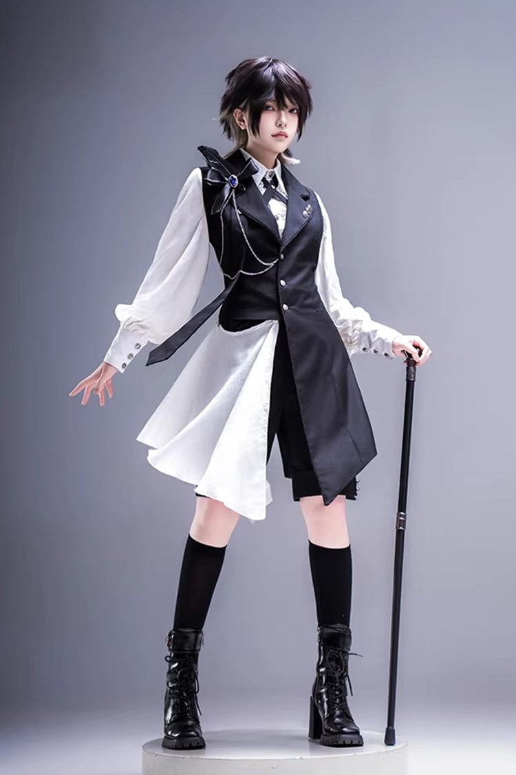 Black/White [Black Tea Concerto] Bow Asymmetric Ouji Fashion Gothic Prince Lolita Vest Top Shorts Set - Black/White - 1