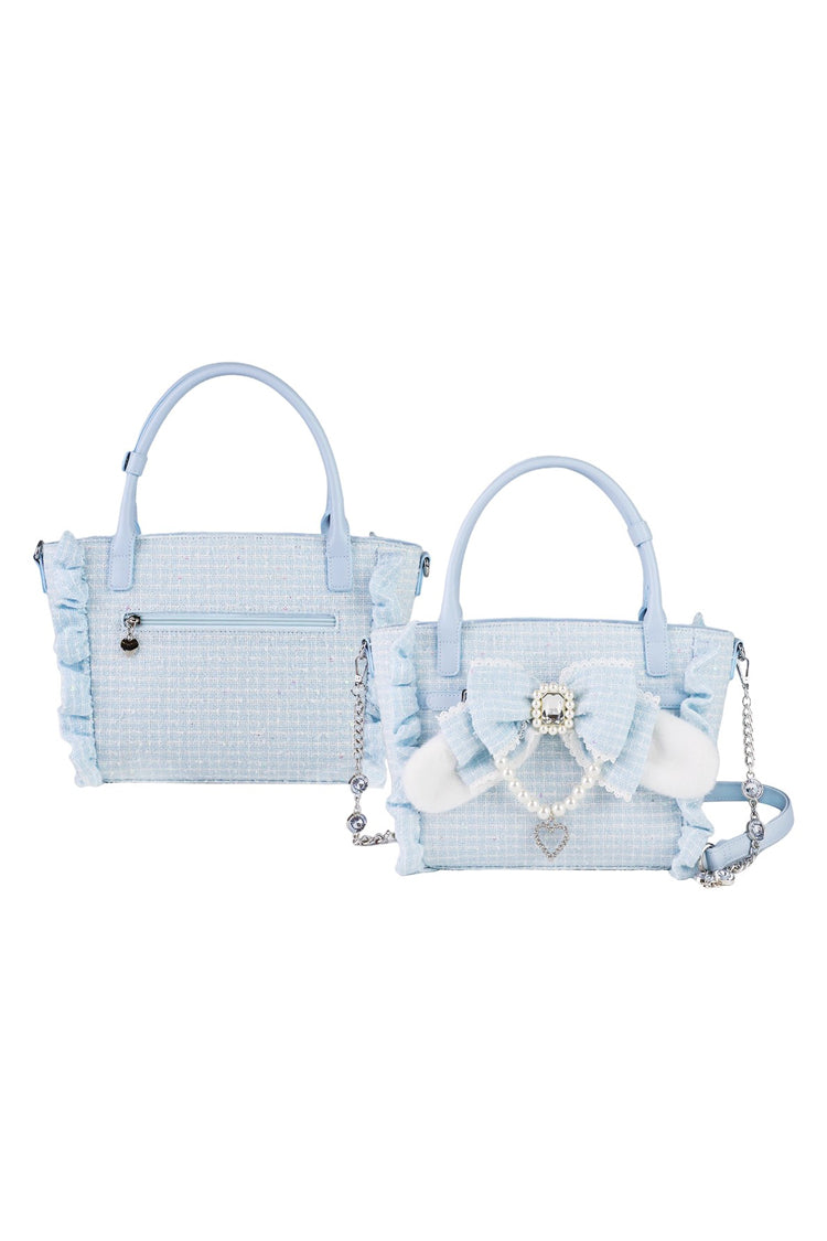 Sweet Ruffle Bowknot Zipper Pearl Chain Japanese Lolita Handbag 4 Colors - Blue - 9