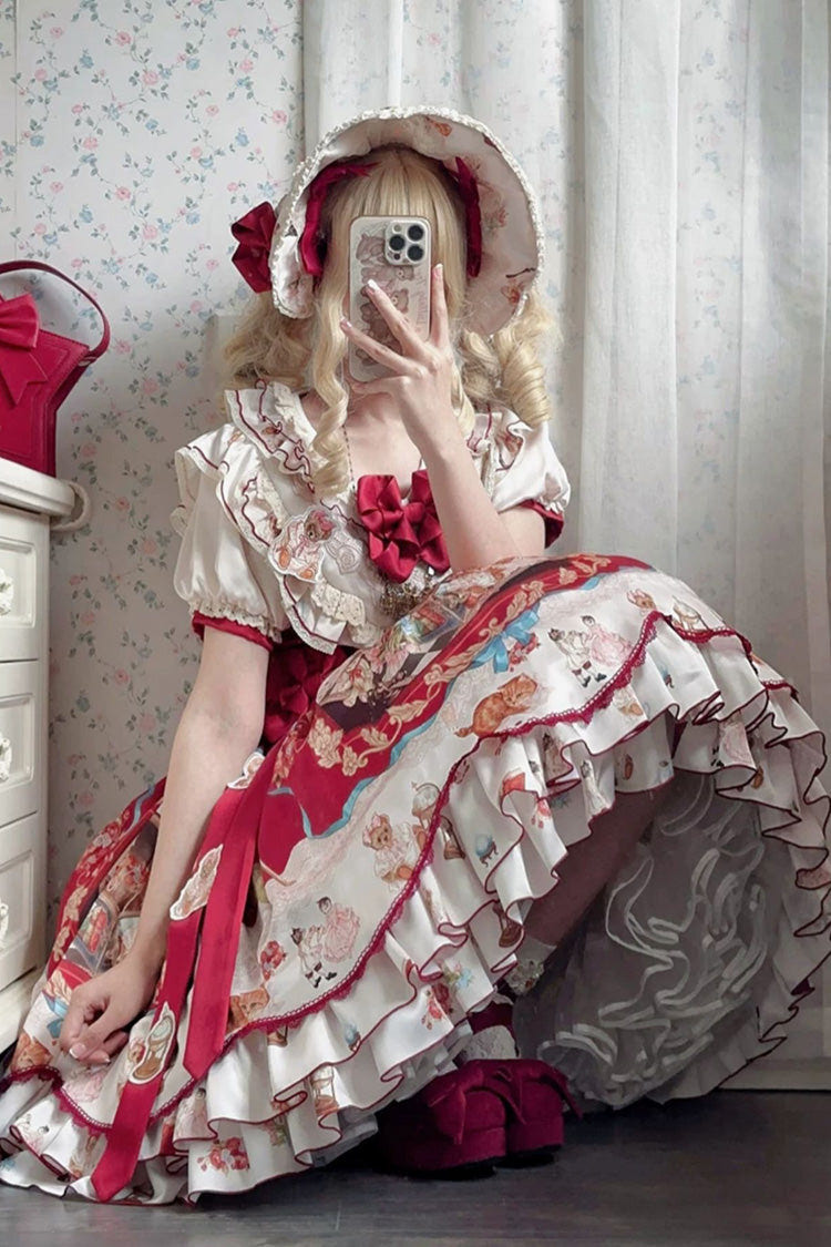 Red [The Tale of a Curious Cat] Round Collar Short Sleeves Double-Layered Printed Ruffled Bow Sweet Lolita Dress - Product - 6