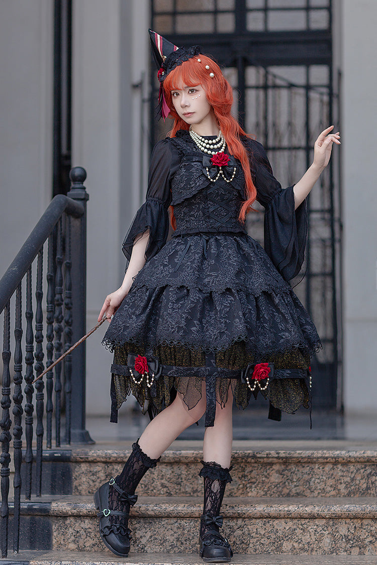 Black [Apprentice Witch] Double-Layered Ruffle Lace Gothic Lolita Skirt - Product - 6