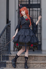 Black [Apprentice Witch] Double-Layered Ruffle Lace Gothic Lolita Skirt - Product - 6