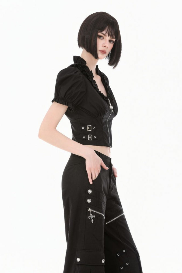Black Women's Punk Ruffled V Collar Short Puff Sleeves Buckled Waist Zippered Crop Top - Product - 10