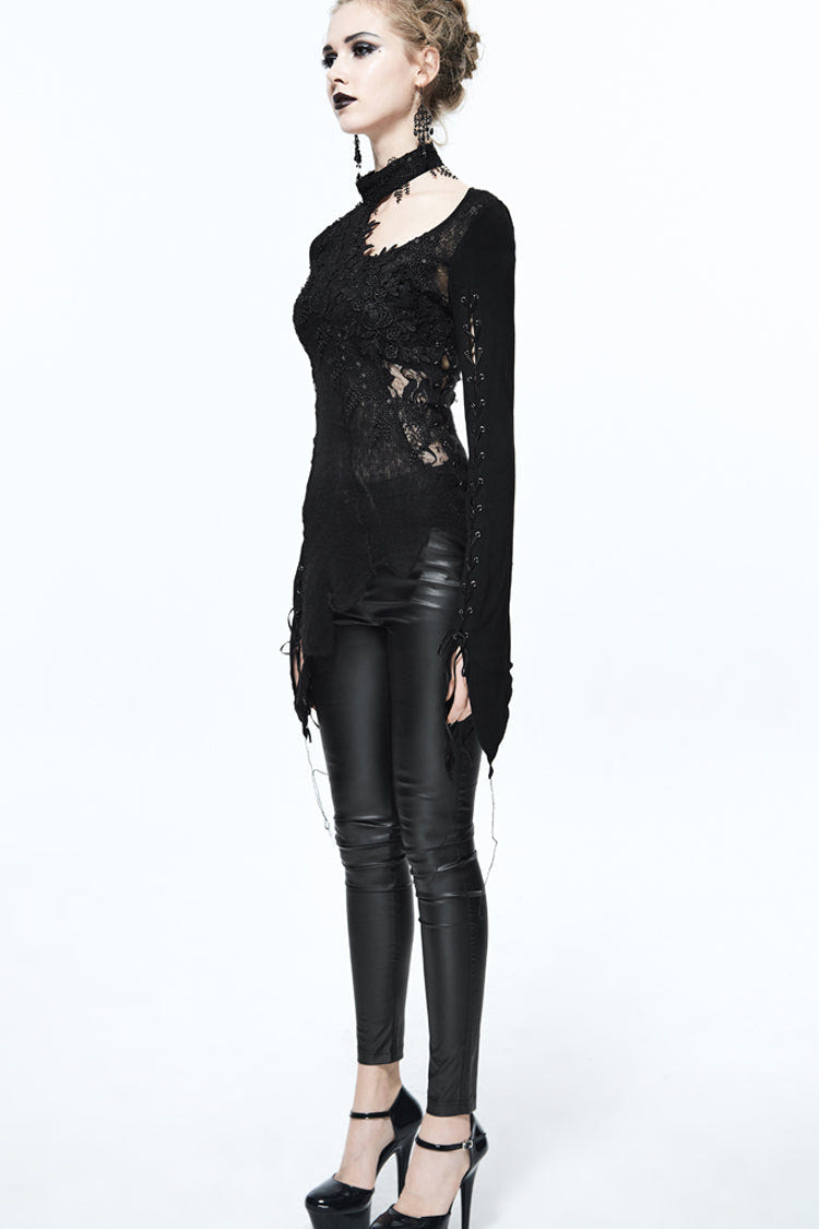 Black Asymmetric Lace Woolen Splice Rose Mesh Chest Hollow Applique Hem Women's Gothic Sweater - Product - 3