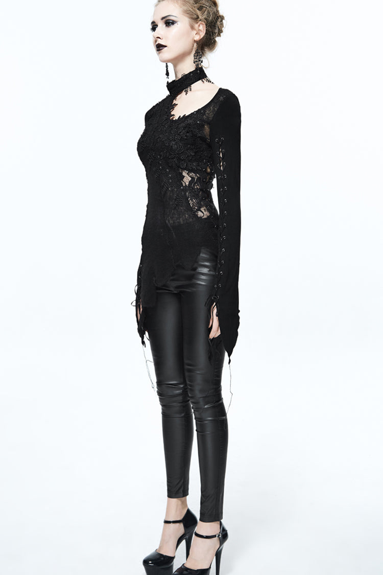 Black Asymmetric Lace Woolen Splice Rose Mesh Chest Hollow Applique Hem Women's Gothic Sweater - Product - 3