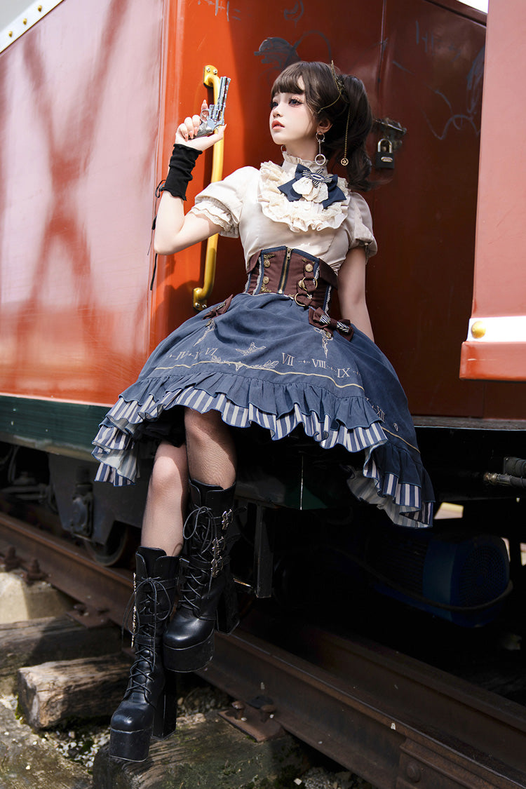Blue Middle Ages Ruffle Embroidery Bowknot Classic Punk Vintage Lolita Skirt Full Set - Product - 9