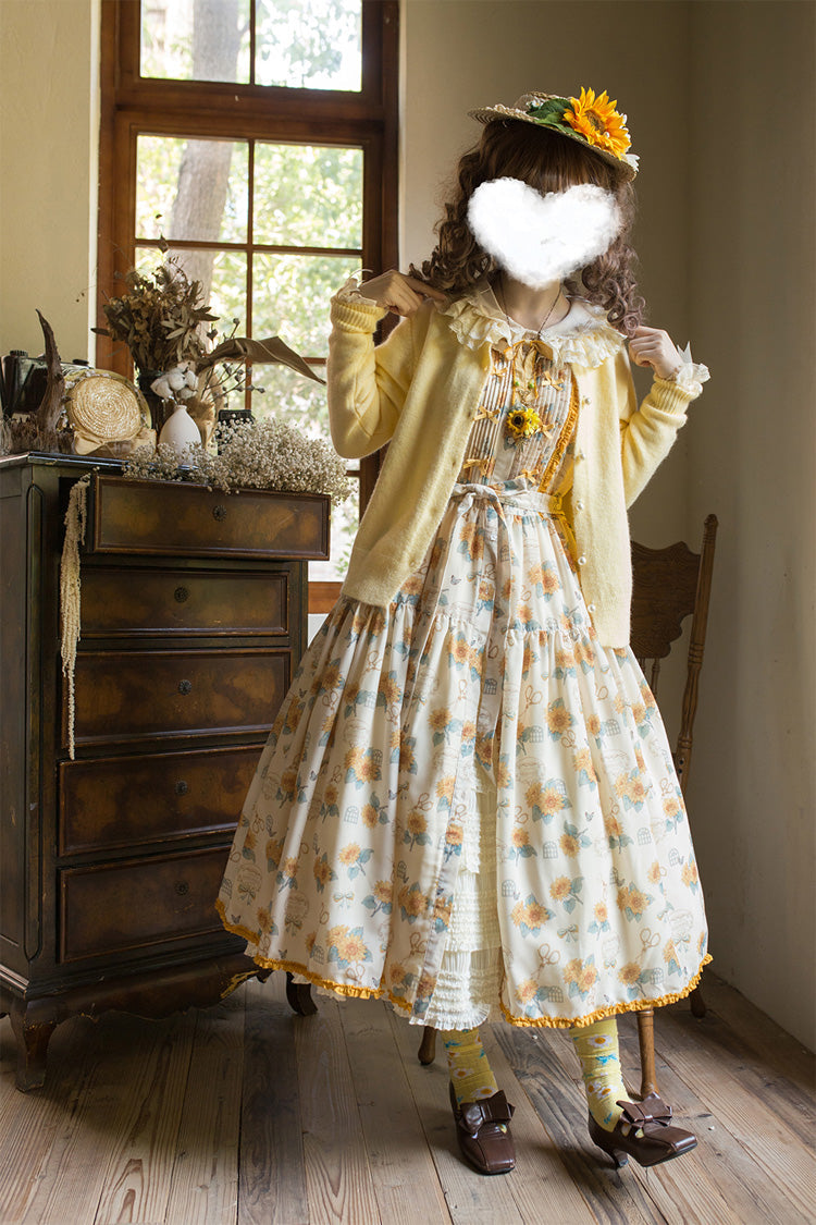 Apricot [Gardening Sunflower] Sleeveless Print Ruffle Bowknot Sweet Elegant Lolita Jsk Dress - Product - 7