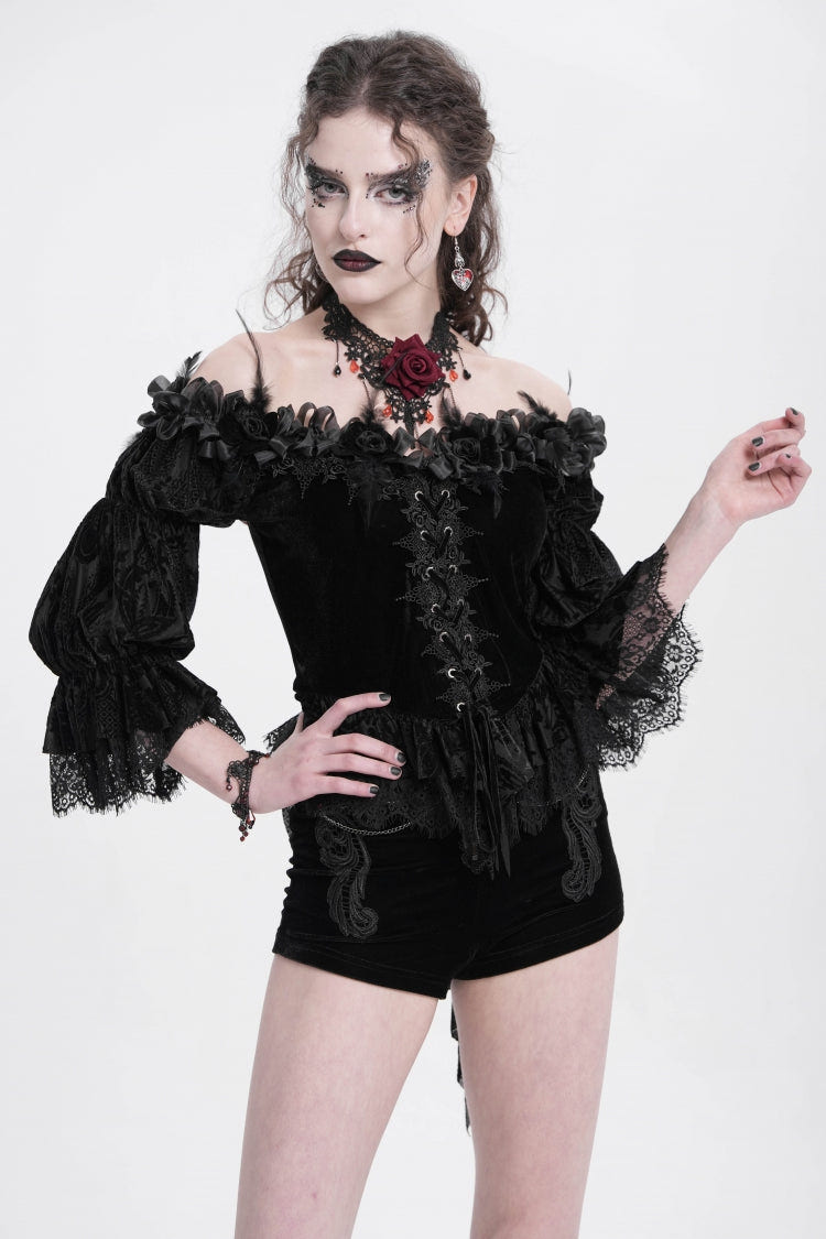 Black Off Shoulder Long Sleeves Ruffle Embroidery Lace-Up Women's Gothic Blouse - Black - 1
