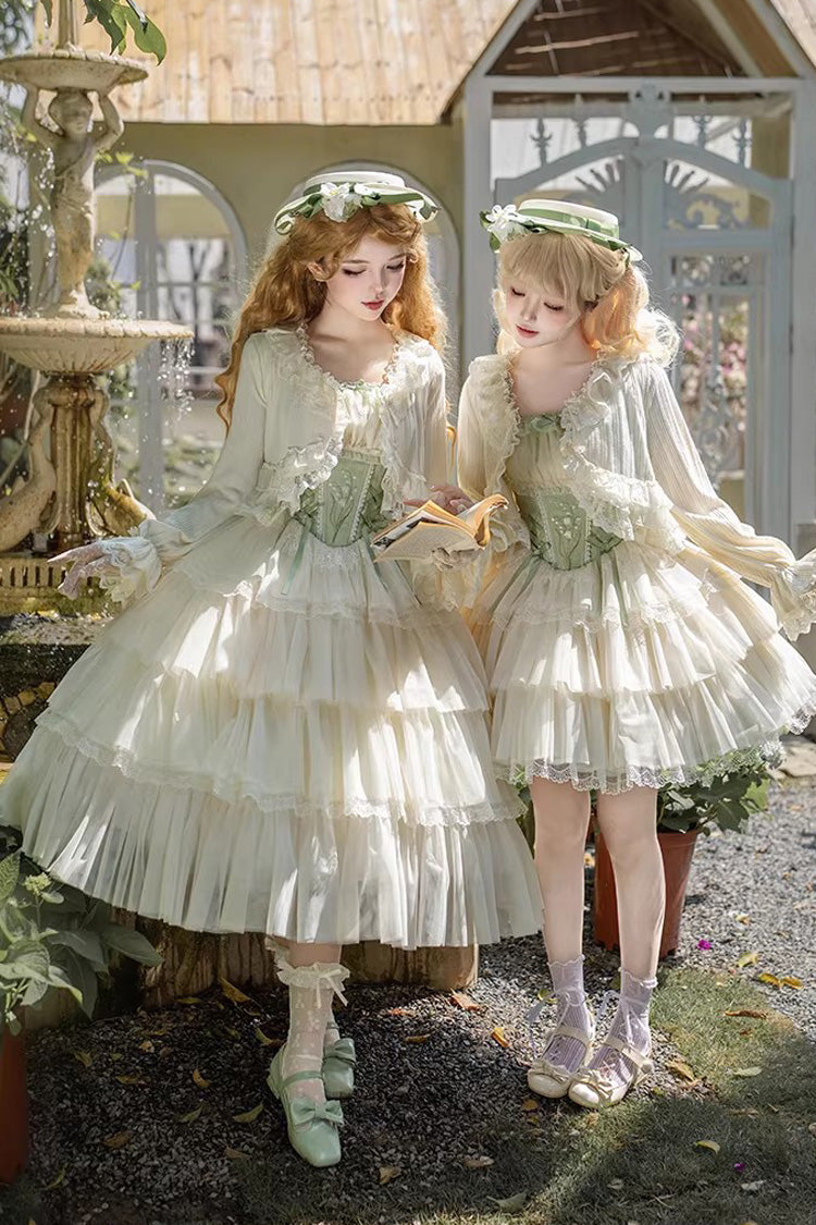 Green [Letters & Poems · Whisper of Lily of the Valley] Square Collar Multi-Layered Ruffled Embroidered Fishbone Sweet Lolita Jsk Dress 2 Versions - Product - 8