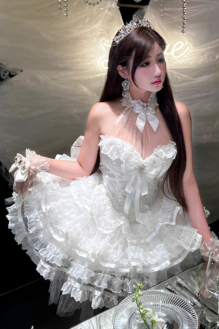 White [Love God Bride] Halterneck Ruffle Hanayome Bowknot Lace Sweet Princess Lolita Jsk Dress - Product - 9