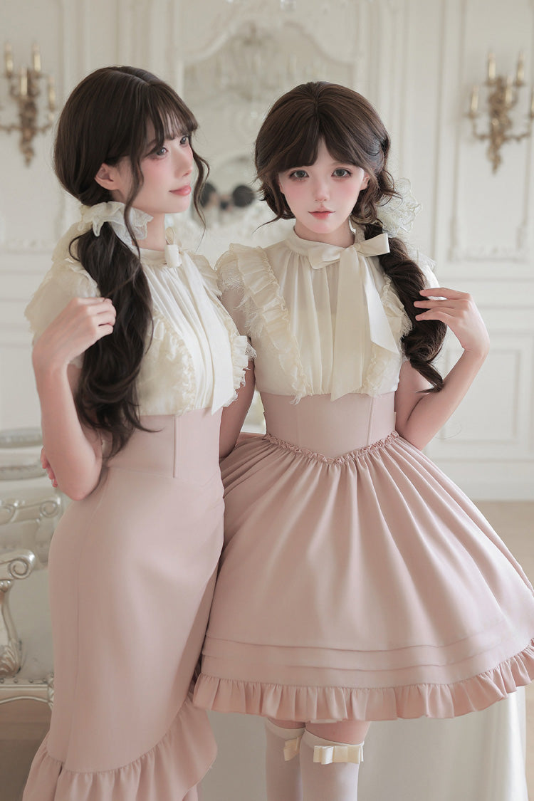 White/Pink Round Collar Short Sleeves Ruffled Bow Lace Color-Blocked Boned Sweet Lolita Dress 2 Versions - Product - 7