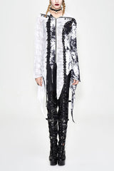 Black And White Tie Dyed Jersey Hooded Punk Asymmetrical Womens Coat - Black/White - 1