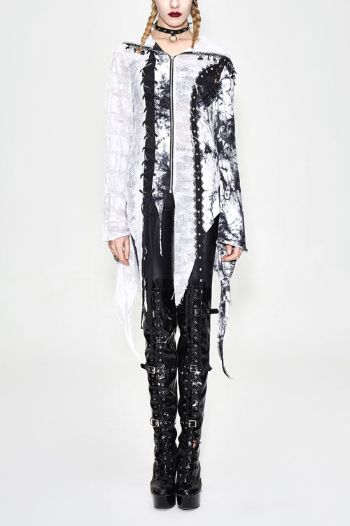 Black And White Tie Dyed Jersey Hooded Punk Asymmetrical Womens Coat - Black/White - 1