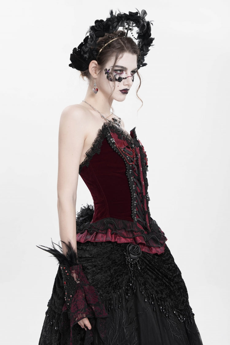 Red Sleeveless Beaded Lace Lace-Up Women's Gothic Overbust Corset - Product - 11