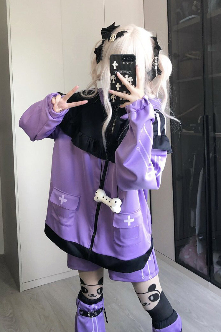 Purple Long Sleeves Cat Ears Hooded Jirai Kei Japanese Shorts Coat Set - Product - 5