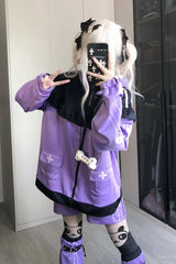 Purple Long Sleeves Cat Ears Hooded Jirai Kei Japanese Shorts Coat Set - Product - 5