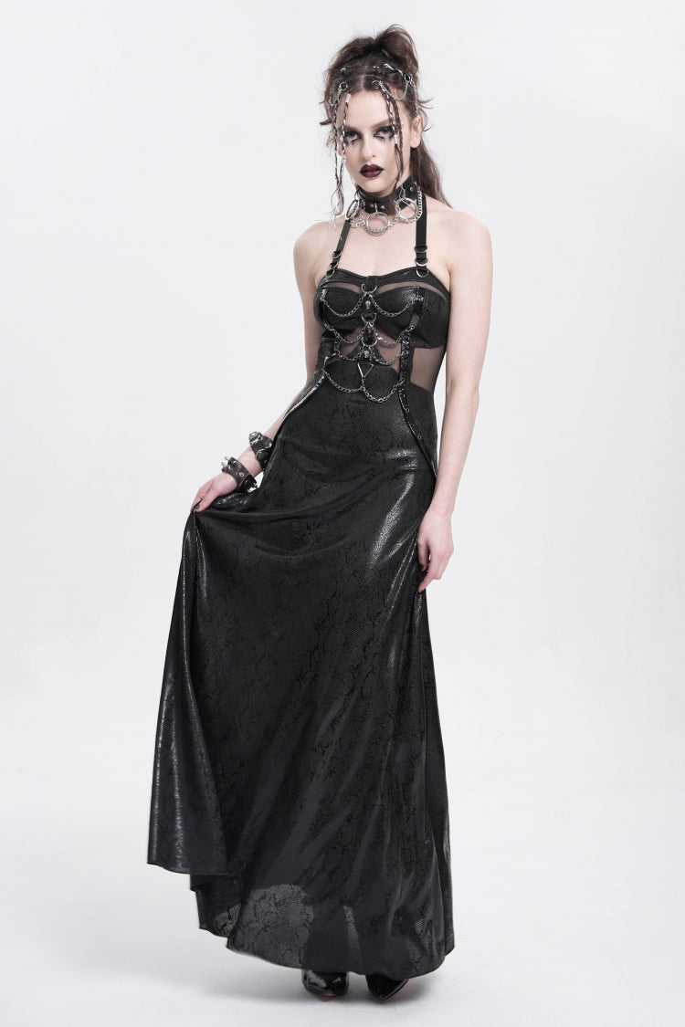 Black Halterneck Stitching Mesh Chained Women's Punk Dress - Product - 6