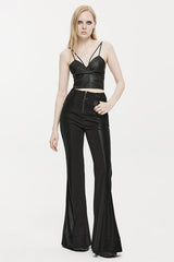 Black Stretch-Knit Paneled Faux Leather Waistband Ghost Button Flared Women's Punk Pants - Product - 4