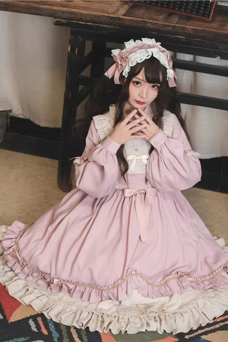 Pink Long Sleeves Ruffle Bowknot Daily Sweet Princess Lolita Dress - Product - 2